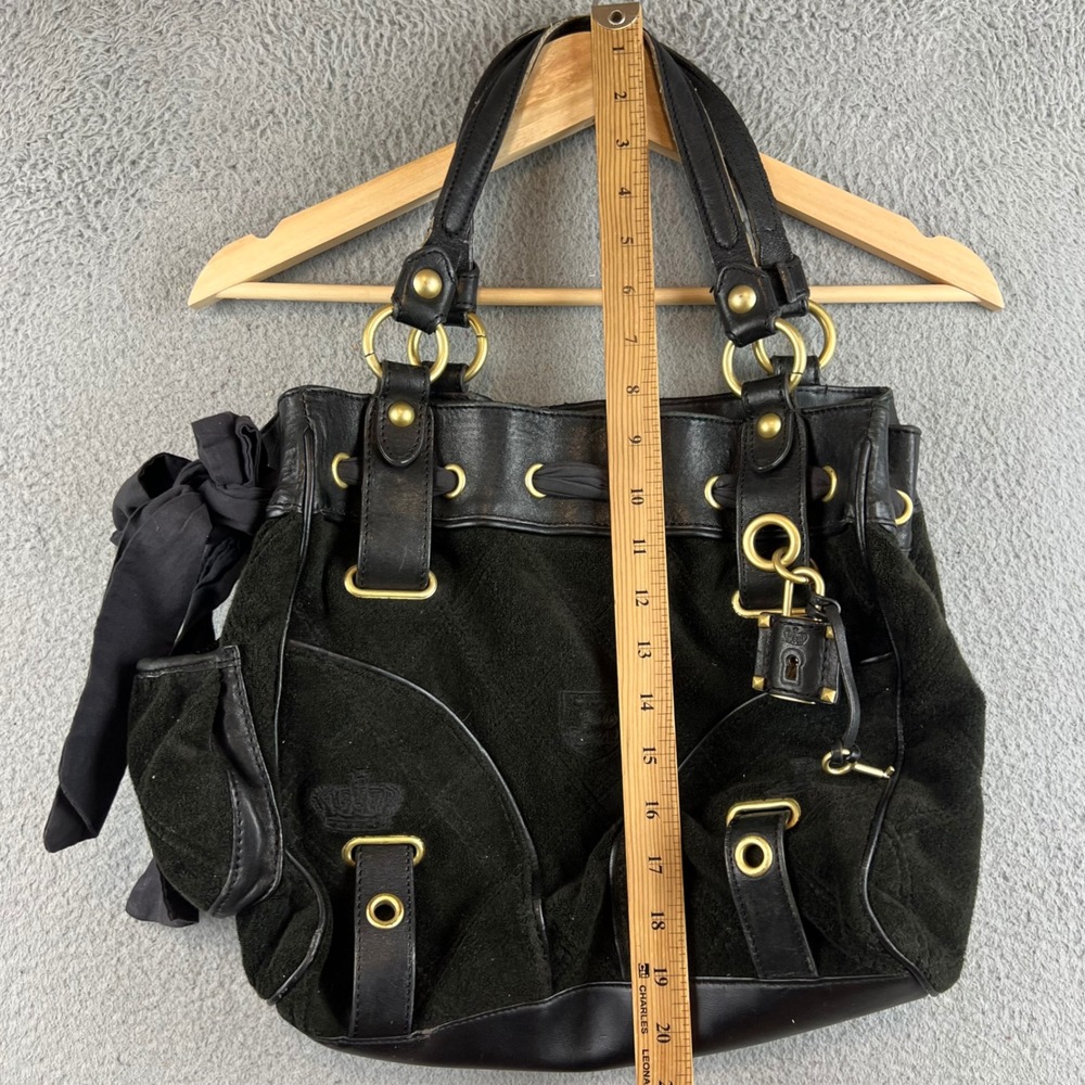 Juicy Couture Daydreamer Olive Velour Leather Bow Shoulder Bag Y2K Crown Crest - Picture 8 of 16